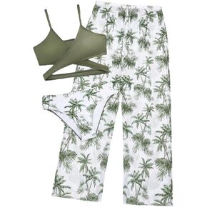 Girl's 3 Piece Swimsuits Floral Tropical Criss Cross Bathing Suit Bikini Sets with Cover Up Pants
