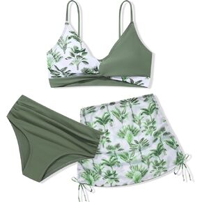 Girls Swimsuit 3 Piece V Neck Tropical Criss Cross Bikini Bathing Set Quick Dry Tankini with Drawstring Beach Skirt 7-16T