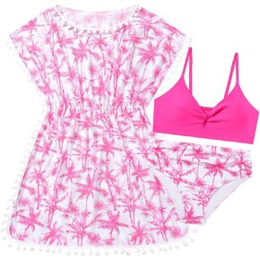Girls Swimsuit 3 Piece Bikini Set Cute Bathing Suit with Tropical Print Cover Up Girl Swimwear for 8-16 Years
