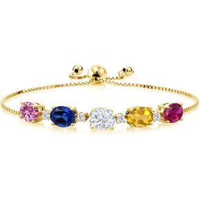 GEM Stone King 18K الذهب الأصفر سوار التنس الفضي المطلي للنساء | مخصصة وشخصية 8x6mm بيضاوي 5 الحجر الأحجار الكريمة سوار البولو القابل للتعديل للنساء | سهل الإيقاف