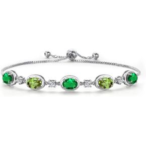 GEM Stone King 925 Sterling Silver Green Nano Emerald و Green Peridot Pracelet for Women | 3.60 CTTW | الأحجار الكريمة قد الولادة | بيضاوي 7x5mm | قابل للتعديل بالكامل 9 بوصة