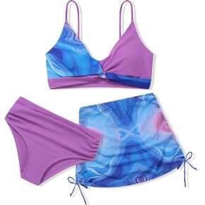 فتيات السباحة 3 قطعة الخامس الرقبة الاستوائية كروس صليب البيكيني مجموعة دبابة جافة سريعة مع تنورة شاطئ الرباط 7-16T in Kuwait