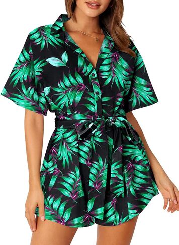 MIHOLL Women's 2025 Summer Rompers– Casual Floral Print Short Sleeve Button Loose Rompers Jumpsuits For Vacation Outfits in Saudi Arabia