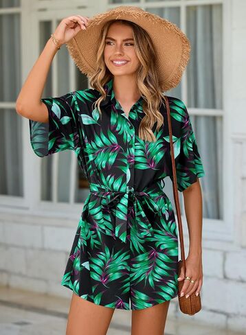 MIHOLL Women's 2025 Summer Rompers– Casual Floral Print Short Sleeve Button Loose Rompers Jumpsuits For Vacation Outfits in Saudi Arabia