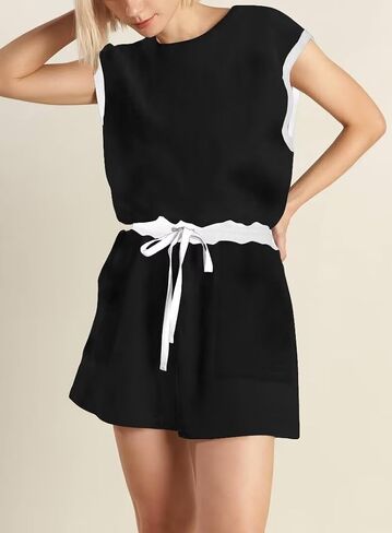 LEEDYA Romper for Women Summer Short Sleeve One Piece Short Jumpsuits Casual Crewneck Adjustable Drawstring Waistband Onesie in Saudi Arabia