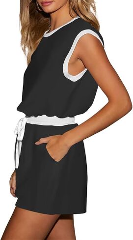 LEEDYA Romper for Women Summer Short Sleeve One Piece Short Jumpsuits Casual Crewneck Adjustable Drawstring Waistband Onesie in Saudi Arabia