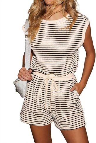 LEEDYA Romper for Women Summer Short Sleeve One Piece Short Jumpsuits Casual Crewneck Adjustable Drawstring Waistband Onesie in Saudi Arabia
