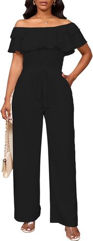 Bdwinz Off Shoulder Summer Jumpsuits for Women Elegant Ruffle Hem Rompers Wide Leg One Piece Casual Outfits for Women in Saudi Arabia