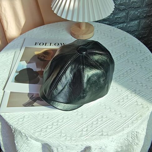 Newsboy Cap for Men Women, Classic PU Leather Cabbie Beret Cap 8 Panel Gatsby Ivy Irish Painter Flat Hat, 56-58cm in Kuwait