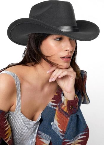 Western Cowboy-Hat Classic Roll-up Cowgirl Hat for Men-Women Felt-Fedora with PU Band Belt Jazz-Hats in Saudi Arabia