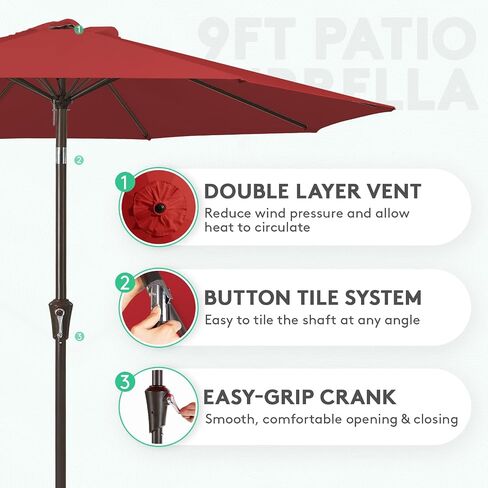 JEAREY 9FT Outdoor Patio Umbrella Outdoor Table Umbrella with Push Button Tilt and Crank, Market Umbrella 8 Sturdy Ribs UV Protection Waterproof for Garden, Deck, Backyard, Pool (Red) in Saudi Arabia