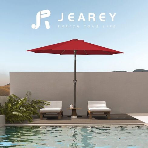 JEAREY 9FT Outdoor Patio Umbrella Outdoor Table Umbrella with Push Button Tilt and Crank, Market Umbrella 8 Sturdy Ribs UV Protection Waterproof for Garden, Deck, Backyard, Pool (Red) in Saudi Arabia