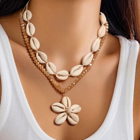 Flyonce Shell Necklace for Women, Boho Handmade Seashell Statement Choker Collar Necklaces with Earrings Set Hawaiian Style Summer Beach Jewelry for Holiday in Saudi Arabia