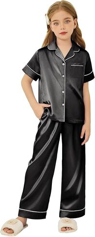 Arshiner Girls Pajamas Silk Satin Button Down Pjs 2 Piece Short Sleeve Sleepwear Set in Kuwait