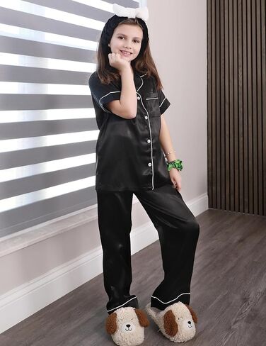 Arshiner Girls Pajamas Silk Satin Button Down Pjs 2 Piece Short Sleeve Sleepwear Set in Kuwait