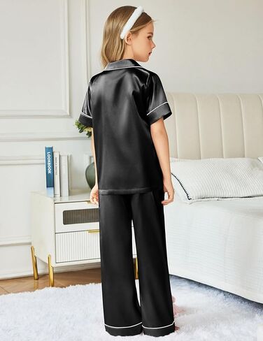 Arshiner Girls Pajamas Silk Satin Button Down Pjs 2 Piece Short Sleeve Sleepwear Set in Kuwait