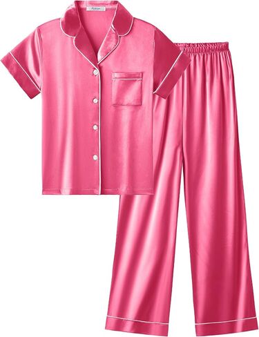 Arshiner Girls Pajamas Silk Satin Button Down Pjs 2 قطعة قصيرة الأكمام in Kuwait