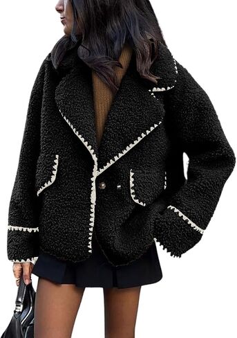 Women's Fuzzy Fleece Embroidered Jacket Notch Lapel Winter Faux Fur Sherpa Jacket Coat in Saudi Arabia