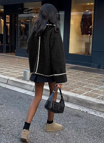 Women's Fuzzy Fleece Embroidered Jacket Notch Lapel Winter Faux Fur Sherpa Jacket Coat in Saudi Arabia