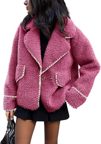Women's Fuzzy Fleece Embroidered Jacket Notch Lapel Winter Faux Fur Sherpa Jacket Coat in Saudi Arabia