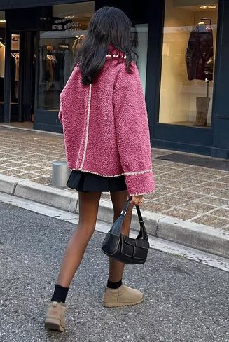 Women's Fuzzy Fleece Embroidered Jacket Notch Lapel Winter Faux Fur Sherpa Jacket Coat in Saudi Arabia
