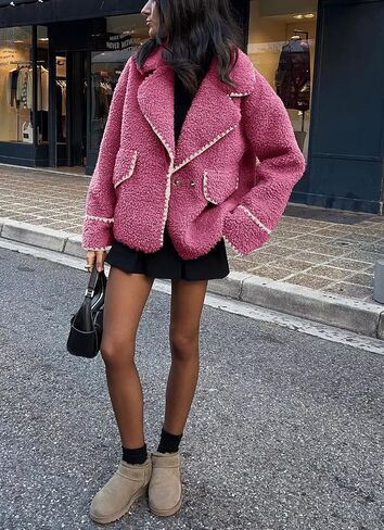 Women's Fuzzy Fleece Embroidered Jacket Notch Lapel Winter Faux Fur Sherpa Jacket Coat in Saudi Arabia