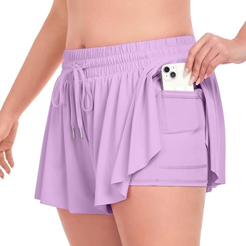 COOTRY Plus Size Flowy Athletic Shorts for Women 2 in 1 High Waist Butterfly Shorts Workout Running Tennis Skirt Summer in Saudi Arabia