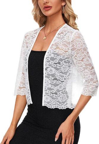 MINTLIMIT Women's Elegant 3/4 Sleeve Floral Lace Bolero Shrug Cropped Open Front Cardigan Shrug Tops in Kuwait