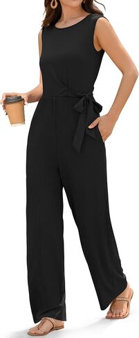 ZAFUL Women's 2025 Summer Dressy Jumpsuits Casual One Piece Outfits Pockets Belt Bow Sleeveless Long Wide Leg Pants Rompers in Saudi Arabia