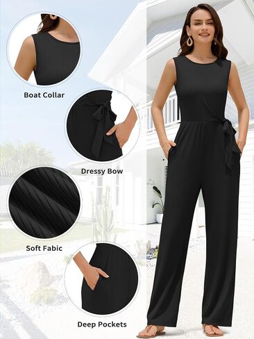 ZAFUL Women's 2025 Summer Dressy Jumpsuits Casual One Piece Outfits Pockets Belt Bow Sleeveless Long Wide Leg Pants Rompers in Saudi Arabia