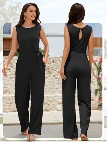 ZAFUL Women's 2025 Summer Dressy Jumpsuits Casual One Piece Outfits Pockets Belt Bow Sleeveless Long Wide Leg Pants Rompers in Saudi Arabia