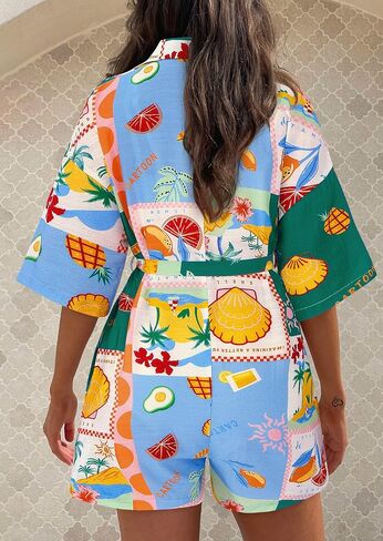 PRETTYGARDEN Womens Rompers for Summer 2025 Beach Vacation Clothes Short Sleeves Floral Jumpsuits Beach Cover Up in Saudi Arabia