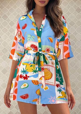 PRETTYGARDEN Womens Rompers for Summer 2025 Beach Vacation Clothes Short Sleeves Floral Jumpsuits Beach Cover Up in Saudi Arabia