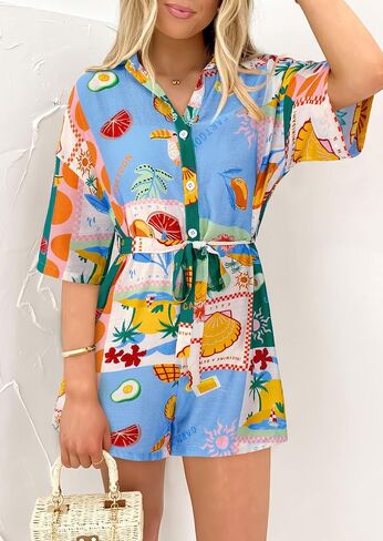 PRETTYGARDEN Womens Rompers for Summer 2025 Beach Vacation Clothes Short Sleeves Floral Jumpsuits Beach Cover Up in Saudi Arabia