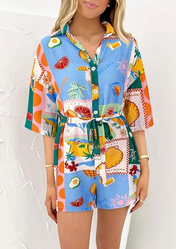PRETTYGARDEN Womens Rompers for Summer 2025 Beach Vacation Clothes Short Sleeves Floral Jumpsuits Beach Cover Up in Saudi Arabia