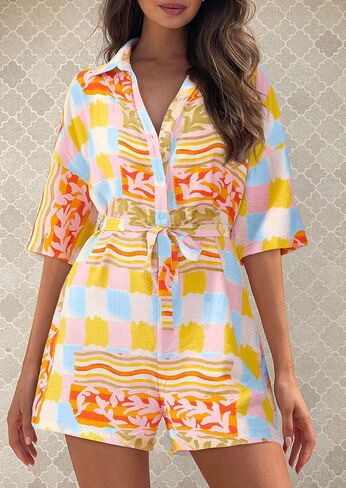 PRETTYGARDEN Womens Rompers for Summer 2025 Beach Vacation Clothes Short Sleeves Floral Jumpsuits Beach Cover Up in Saudi Arabia