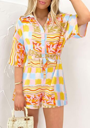 PRETTYGARDEN Womens Rompers for Summer 2025 Beach Vacation Clothes Short Sleeves Floral Jumpsuits Beach Cover Up in Saudi Arabia