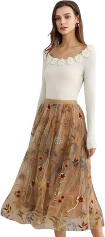 CHICWISH Women Floral Embroidered Tulle Skirt Flared A Line High Elastic Waist Mesh Double-Layered Midi Skirt in Saudi Arabia