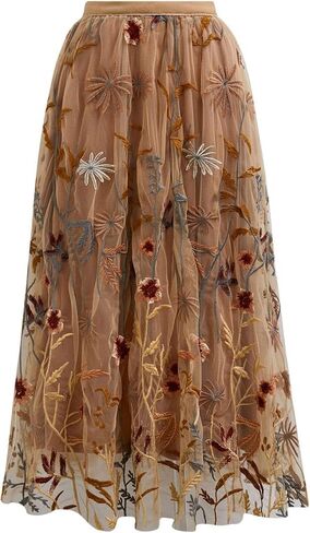 CHICWISH Women Floral Embroidered Tulle Skirt Flared A Line High Elastic Waist Mesh Double-Layered Midi Skirt in Saudi Arabia