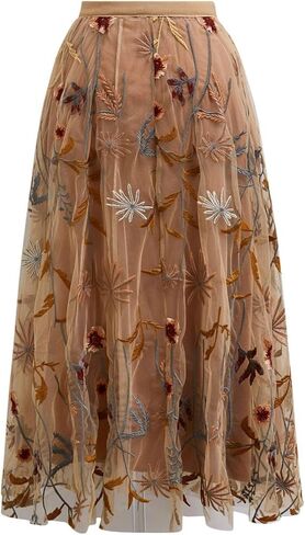 CHICWISH Women Floral Embroidered Tulle Skirt Flared A Line High Elastic Waist Mesh Double-Layered Midi Skirt in Saudi Arabia