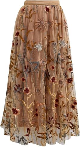 CHICWISH Women Floral Embroidered Tulle Skirt Flared A Line High Elastic Waist Mesh Double-Layered Midi Skirt in Saudi Arabia