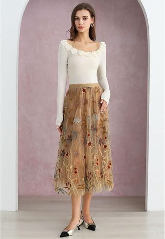 CHICWISH Women Floral Embroidered Tulle Skirt Flared A Line High Elastic Waist Mesh Double-Layered Midi Skirt in Saudi Arabia