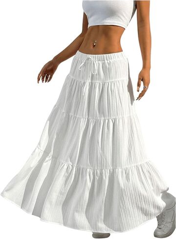 Women's Flowy Flared Ruffle Hem A Line Maxi Skirts Elastic Waist Elegant Tiered Layer Boho Long Skirts in Kuwait