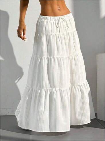 Women's Flowy Flared Ruffle Hem A Line Maxi Skirts Elastic Waist Elegant Tiered Layer Boho Long Skirts in Kuwait