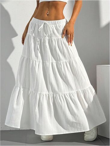 Women's Flowy Flared Ruffle Hem A Line Maxi Skirts Elastic Waist Elegant Tiered Layer Boho Long Skirts in Kuwait