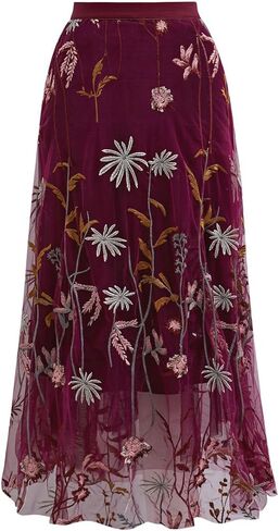 CHICWISH Women Floral Embroidered Tulle Skirt Flared A Line High Elastic Waist Mesh Double-Layered Midi Skirt in Saudi Arabia