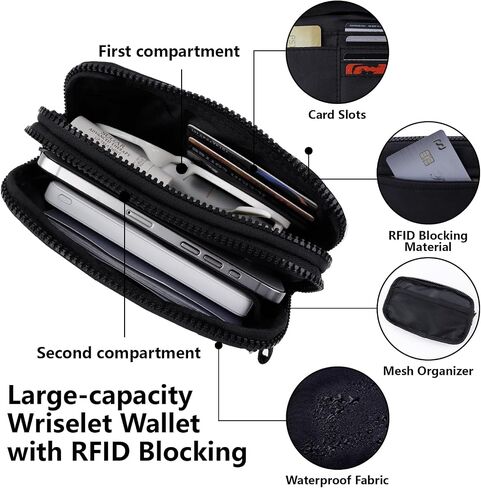 محفظة معصم مزدوجة Ibee للنساء RFID حظر محفظة Crossbody مع نافذة معرف معرف كبير المعصم نايلون in Kuwait
