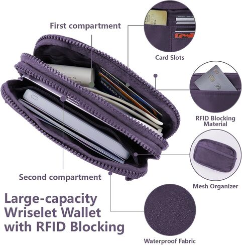 محفظة معصم مزدوجة Ibee للنساء RFID حظر محفظة Crossbody مع نافذة معرف معرف كبير المعصم نايلون in Kuwait