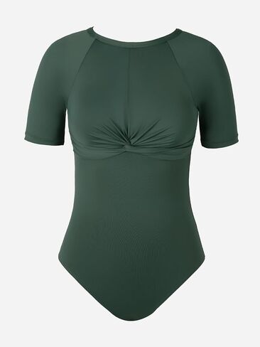 CUPSHE Women's One Piece Swimsuit UPF 50+ UV Protection Rash Guard Short Sleeve Twist Front Mock Neck Zippered Back in Saudi Arabia