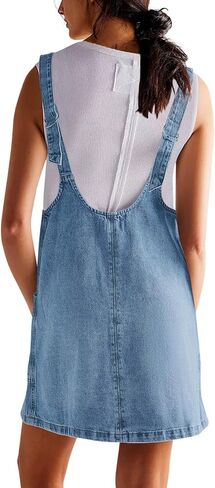 Plnotme Womenslessless Denim Denim Grate V Dress v Neck Summer Mini Jean Dress مع جيوب in Kuwait